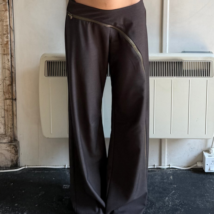 zip through trousers in brown